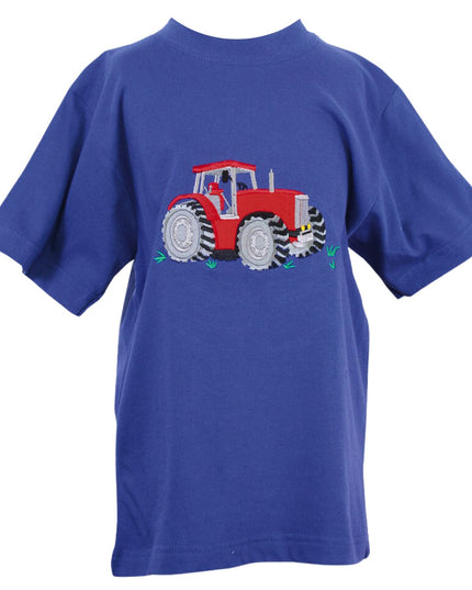 The Ramblers Tractor T Shirt Embroidered Blue for Children features an embroidered red tractor with gray wheels and green grass on the front, made from soft 100% cotton.