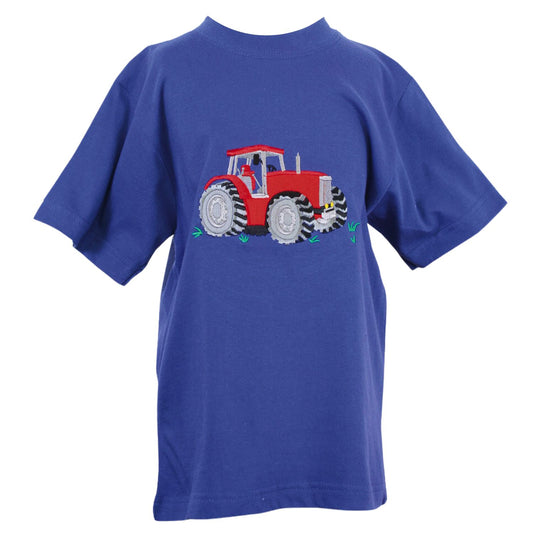The Ramblers Tractor T Shirt Embroidered Blue for Children features an embroidered red tractor with gray wheels and green grass on the front, made from soft 100% cotton.