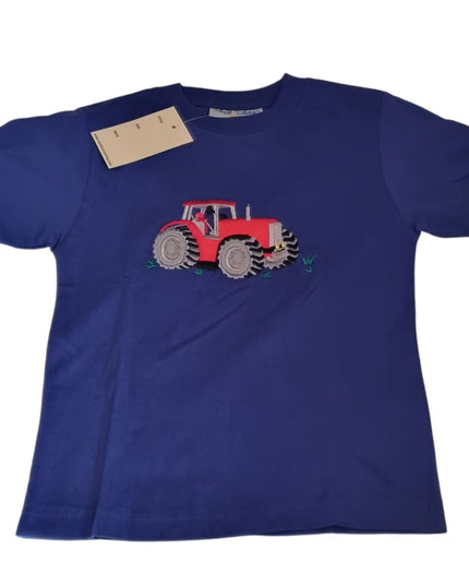 The Ramblers Tractor T Shirt Embroidered Blue for children features a red tractor embroidered on the front, made from 100% cotton, and shown on a white background with a tag near the collar.
