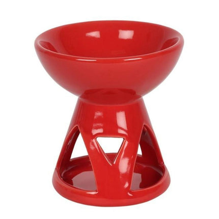 The Red Scented Wax Warmer Oil Burner by Something Different Wholesale features a modern geometric design with a glossy red finish, round bowl, triangular cutout base for a tealight, and includes a free melt bar.