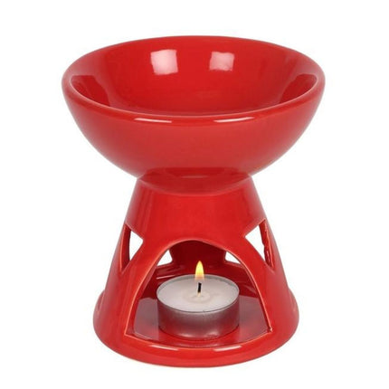 The Something Different Wholesale Red Scented Wax Warmer Oil Burner features a modern geometric design and a round bowl, perfect for stylishly melting wax; includes a free melt bar.