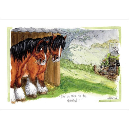 Two shaggy-maned horses watch a farmer on a tractor in this humorous Its So Nice To Be Retired greeting card from Alisons Animals—perfect for anyone who loves funny illustrations and horse-themed retirement cards.