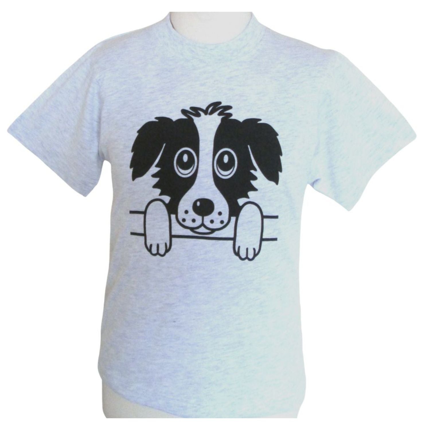 The British Country Collection Printed Dog T Shirt Rex Design for children features a soft 100% cotton fabric and showcases a light gray pup cartoon with large eyes and floppy earsâ€”perfect for kids wardrobes.