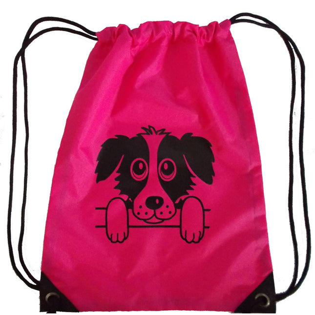 The British Country Collection Child's Gym Bag features Rex the Dog—a playful black cartoon pup with big eyes and floppy ears peeking over a fence. Sturdy black drawstrings on both sides make it perfect for any child.