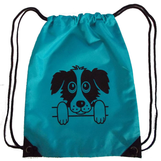 The British Country Collection Child's Gym Bag features Rex the Dog in a playful black and white cartoon design with paws shown, turquoise fabric, black strings, and reinforced corners—perfect for any child.