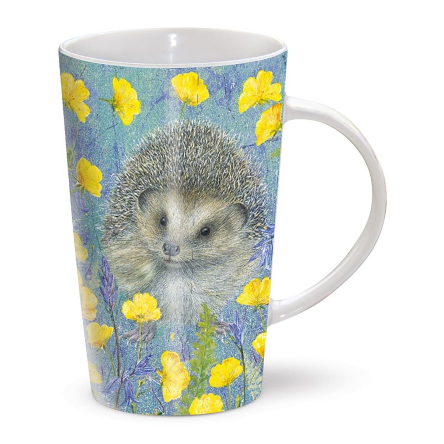 The Otter House Riverbank Enchanted Hedgehog Mug features a charming hedgehog among yellow flowers and green leaves on blue. This tall ceramic mug is both microwave and dishwasher safe, perfect for daily use.