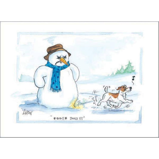 Single Christmas card with a humorous cartoon design by artist Alison Lingley featuring an angry snowman who has just had a dog turn part of him yellow.