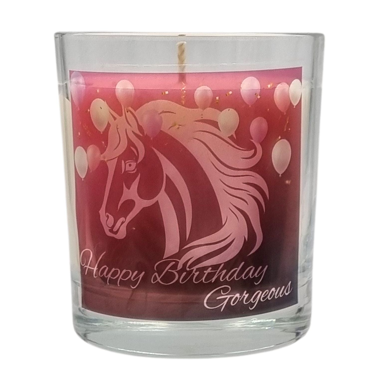 The Quaver&Lyric Scented Candle In Glass Container - Happy Birthday Gorgeous Horse Design features premium fragrances and a charming horse illustration, making it the ideal birthday gift for any horse lover.