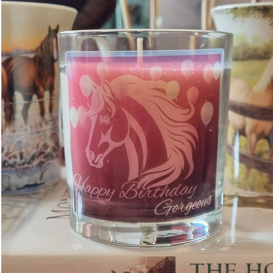Scented Candle In Glass Container Happy Birthday Gorgeous Horse Design