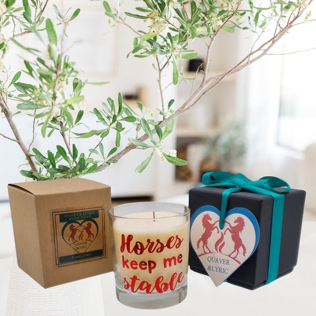 The Quaver&Lyric Scented Candle In Glass Container features a â€œHorses Keep Me Stableâ€ design, comes with a brown â€œHandcrafted Candleâ€ box and black gift box, and offers premium fragrancesâ€”perfect for horse lovers.