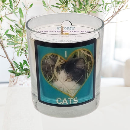 scented candle in glass container with fluffy black and white cat in a heart love cats design in a room setting 