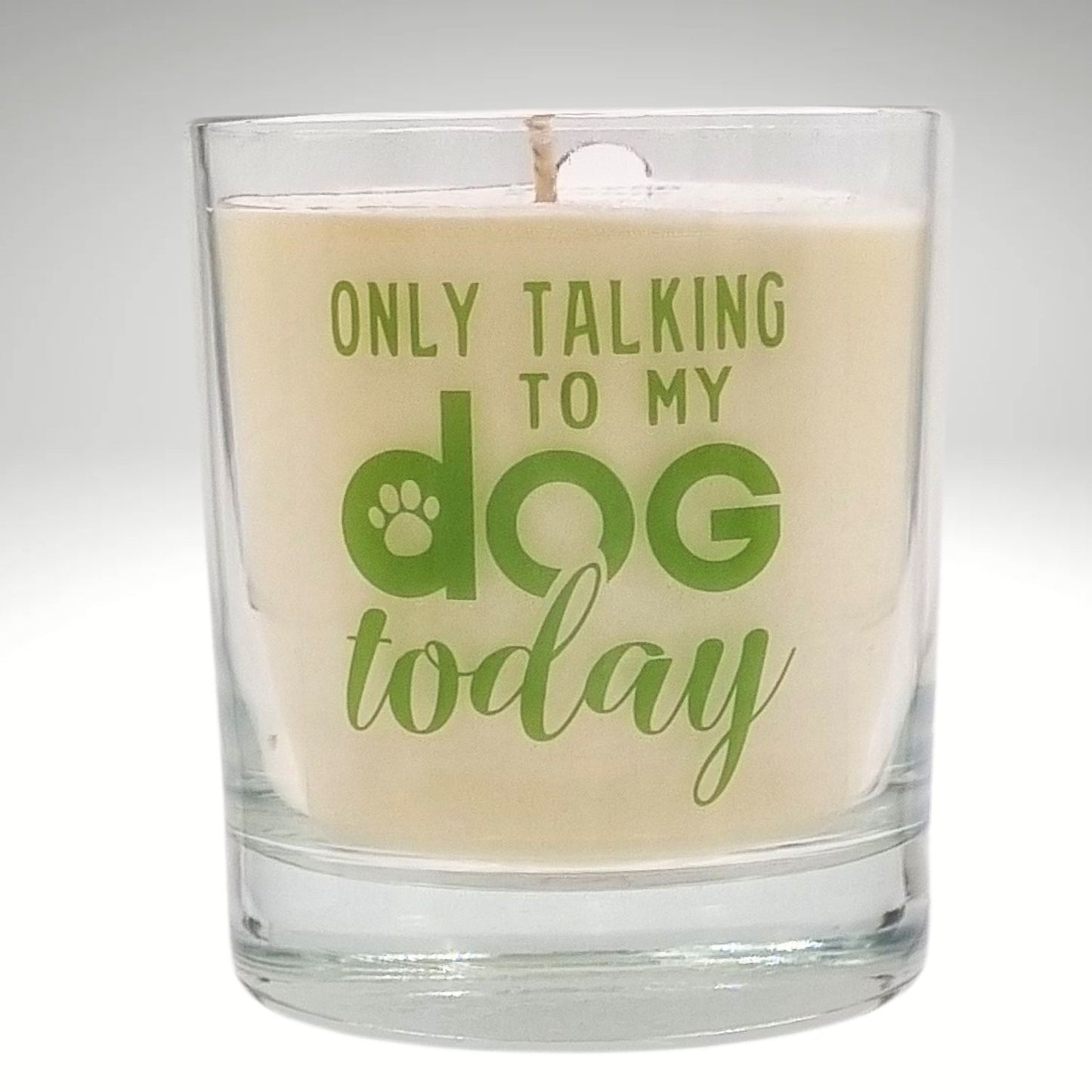 scented candle in gass container with only talking to my dog today written on the glass in green