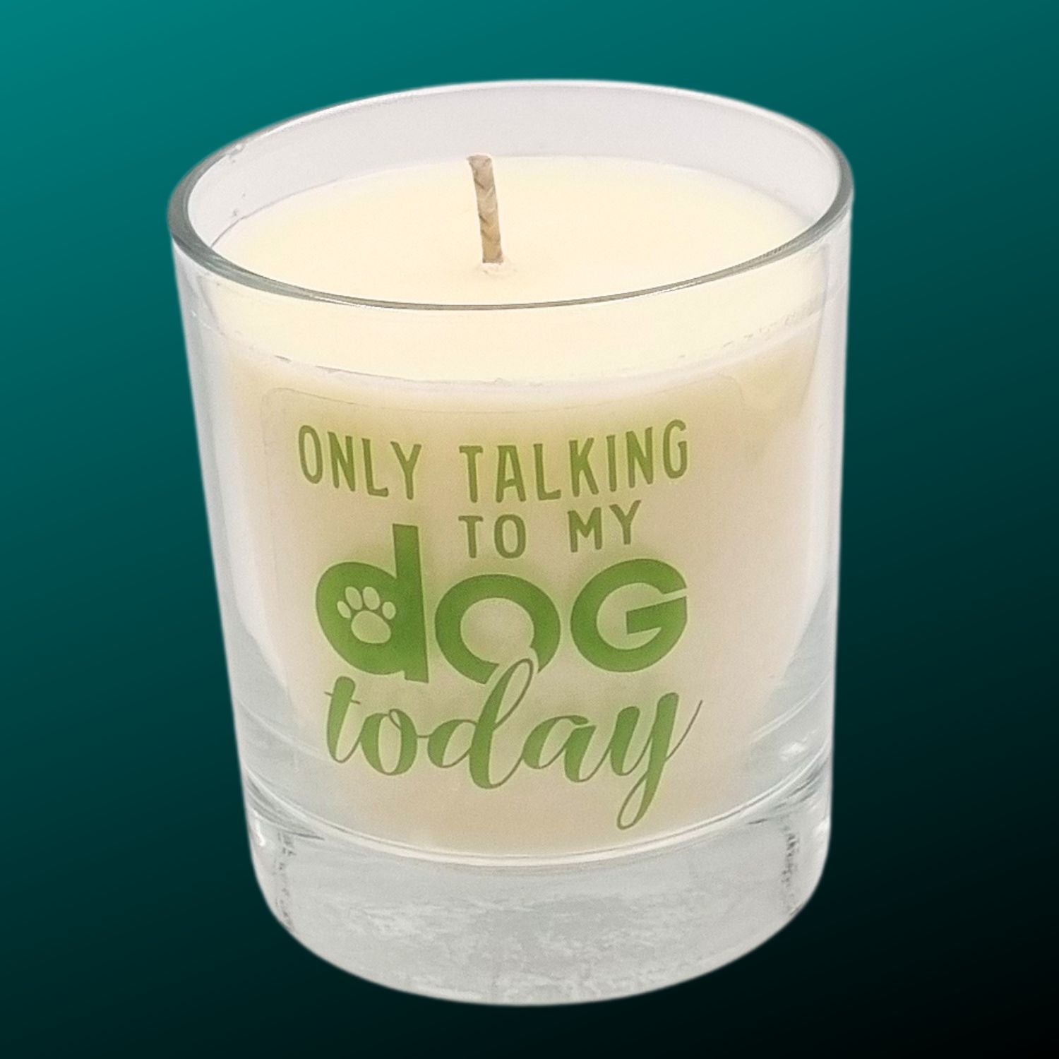 scented candle in gass container with only talking to my dog today written on the glass in green