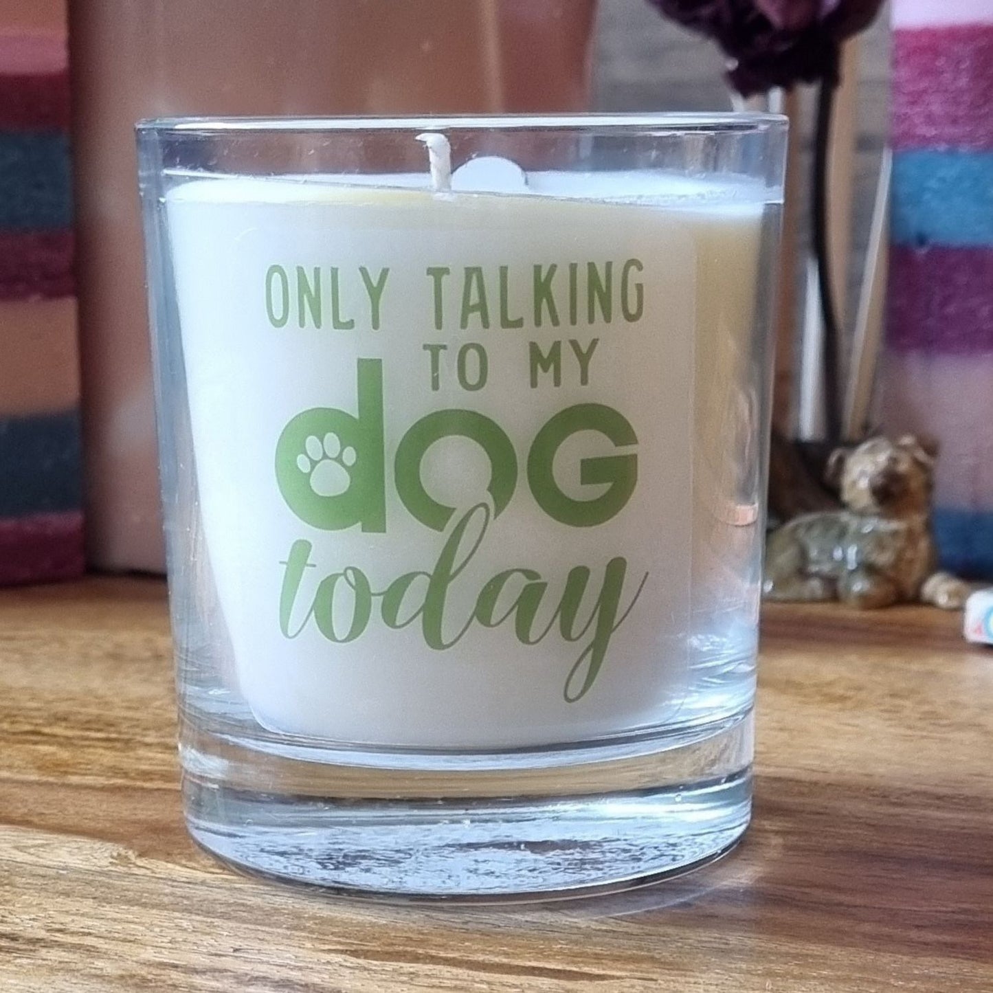 scented candle in gass container with only talking to my dog today written on the glass in green