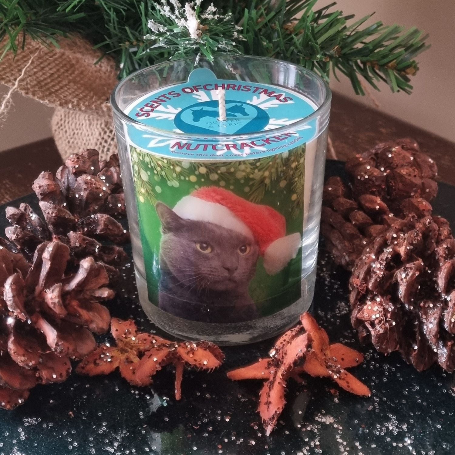 A scented candle in a glass container with a cute grey cat in a Santa hat. The candle is surrounded with glittery pine cones.