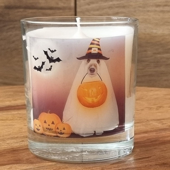 A scented Halloween candle featuring a spooky dog in a sheet dressed as a ghost with a trick or treat pumpkin bowl