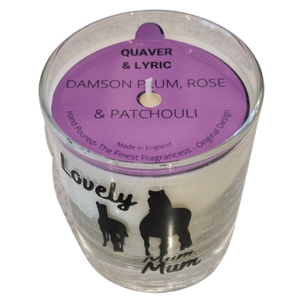 The Quaver&Lyric Scented Candle in a glass container features a Lovely Mum horse design, hand-poured with damson plum, rose & patchouli fragrances—an ideal Mothers Day gift, made in England.