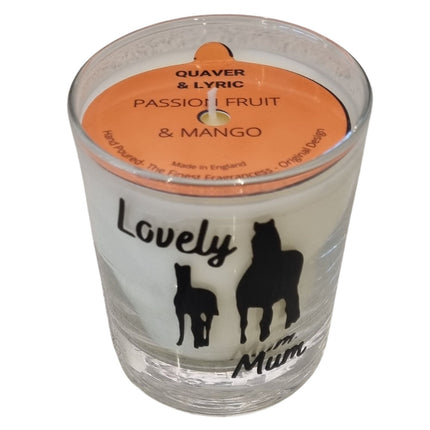 The Quaver&Lyric Scented Candle Glass Container Lovely Mum Horse Design features black horse and foal silhouettes, a passion fruit and mango scent, and an orange lid—an ideal Mother’s Day gift.