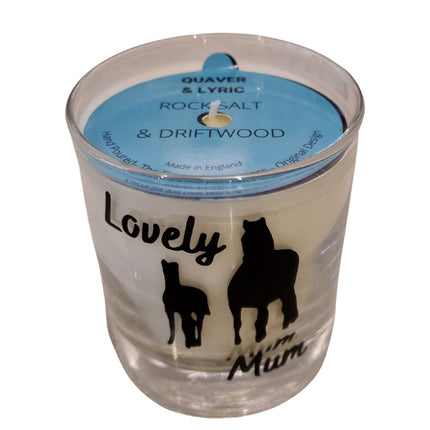 The Quaver&Lyric Scented Candle Glass Container Lovely Mum Horse Design features horse silhouettes and a blue lid, making it a perfect Mothers Day gift for horse lovers.