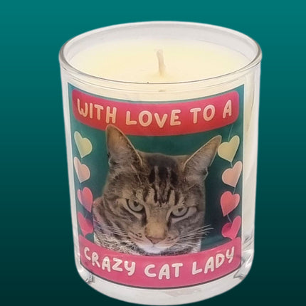 Quaver&Lyricâ€™s Scented Candle In Glass Container features a Bengal Cat design with colorful hearts and a teal gradient, labeled â€œWith Love to a Crazy Cat Ladyâ€â€”premium fragrance and gift-wrapped for any feline fan.