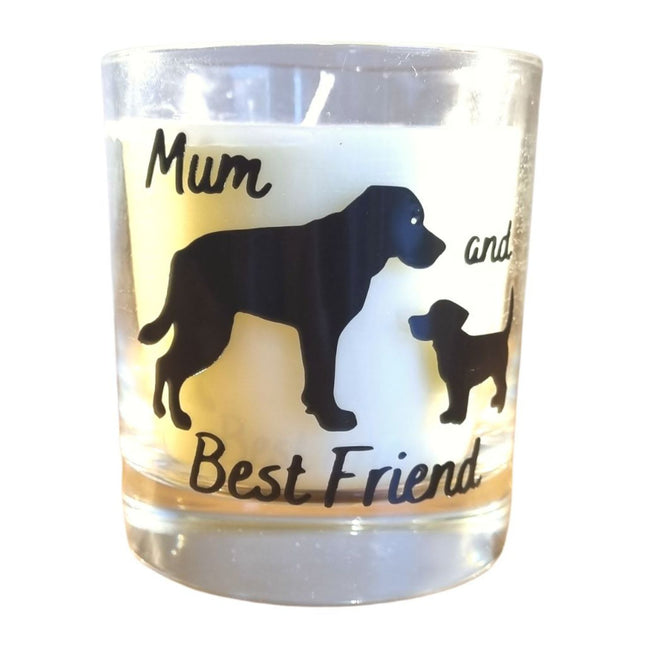 The Quaver&Lyric Scented Candle In Glass Container Mum and Best Friend Dog Design 20cl features a white candle with black dog silhouettes and â€œMumâ€ and â€œBest Friendâ€â€”a thoughtful gift for dog lovers.