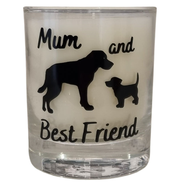 The Quaver&Lyric Scented Candle In Glass Container features a Mum and Best Friend dog design in 20clâ€”perfect as a dog loverâ€™s gift.