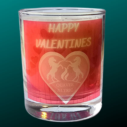 The Quaver&Lyric Scented Happy Valentine Candle (30cl) comes in a glass container with red wax, HAPPY VALENTINES, an etched heart and two unicorns on the front. Handmade in Barton Seagrave, its perfect for enjoying premium fragrances.