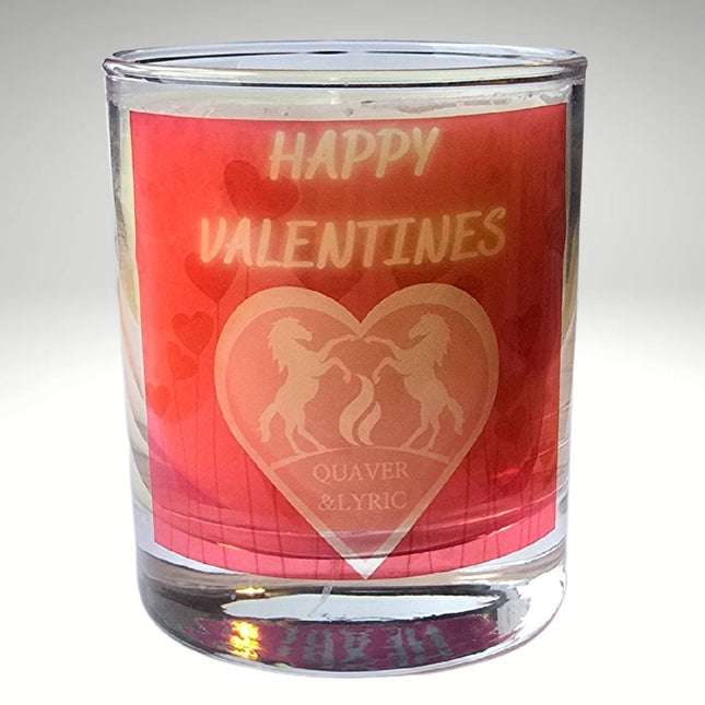The Quaver&Lyric Scented Happy Valentine Candle (30cl) comes in a glass holder etched with HAPPY VALENTINES above a heart and two unicorns, plus QUAVER & LYRIC inside. Handmade in Barton Seagrave with premium fragrances.