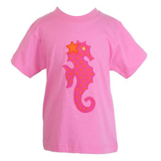 a pink short sleeved round neck t shirt with large pink embroidered seahorse. The  seahorse has orange spots and an orange star near its head