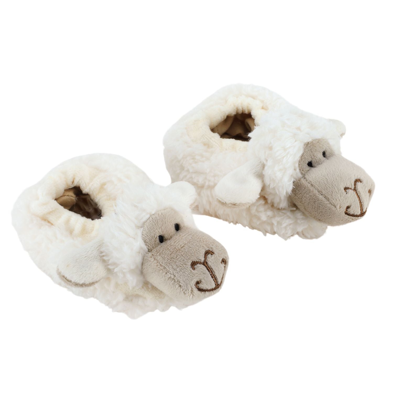 A pair of light cream fluffy baby boots with cute embroidered faces