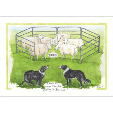 a cartoon showng two sheepdogs rounding up sheep into a pen