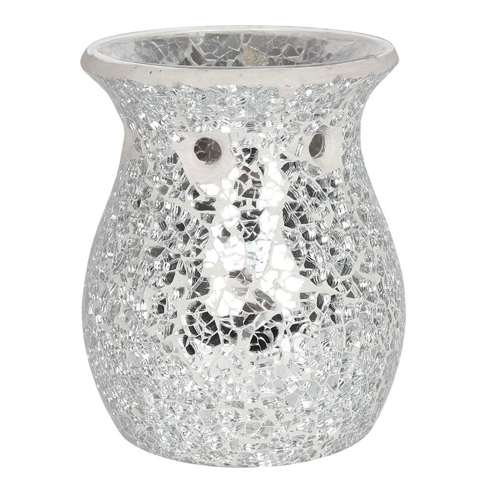 the view of the front of a crackle silver wax warmer 