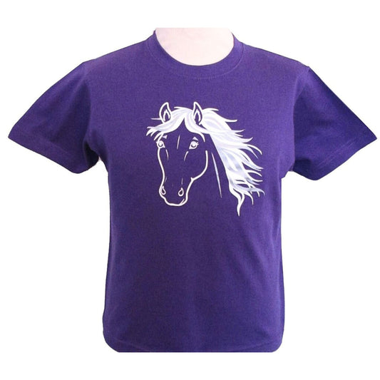 The British Country Collection’s Printed T Shirt Silver Horse Design for children features a white, stylized horse head with flowing mane on the front.