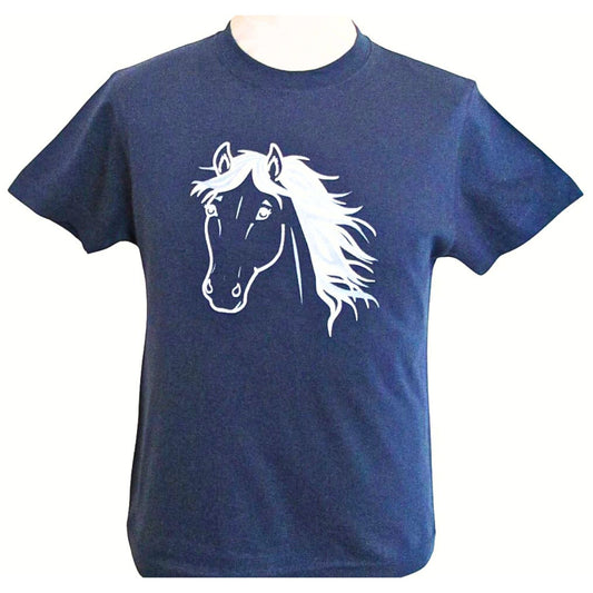 denim blue short sleeve, round necked T-shirt featuring a lovely silver and white printed pony head design