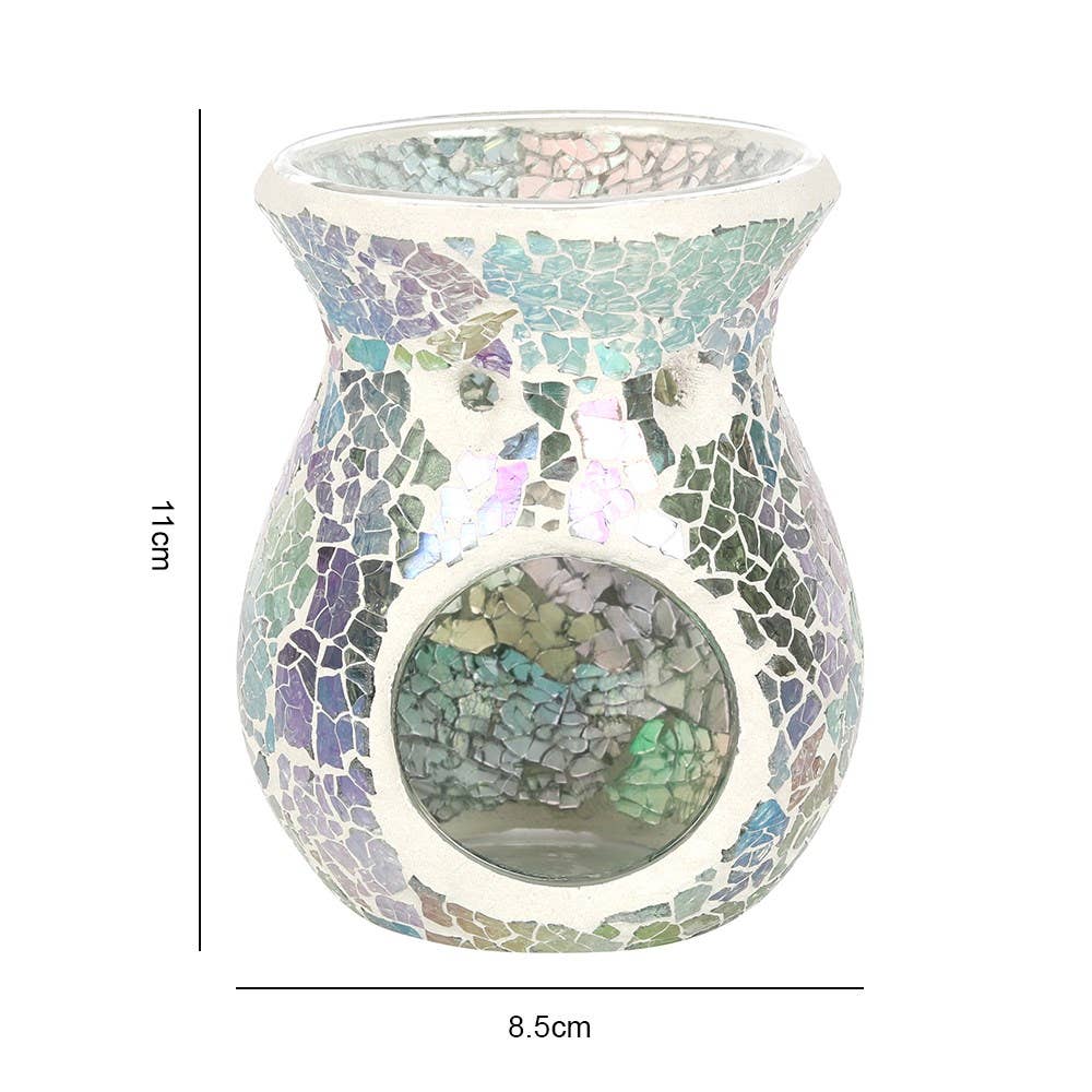 the back view of a small light blue iridescent crackle design oil burner wax warmer with dimensions shown height 11 cm and width 8.5 cm.