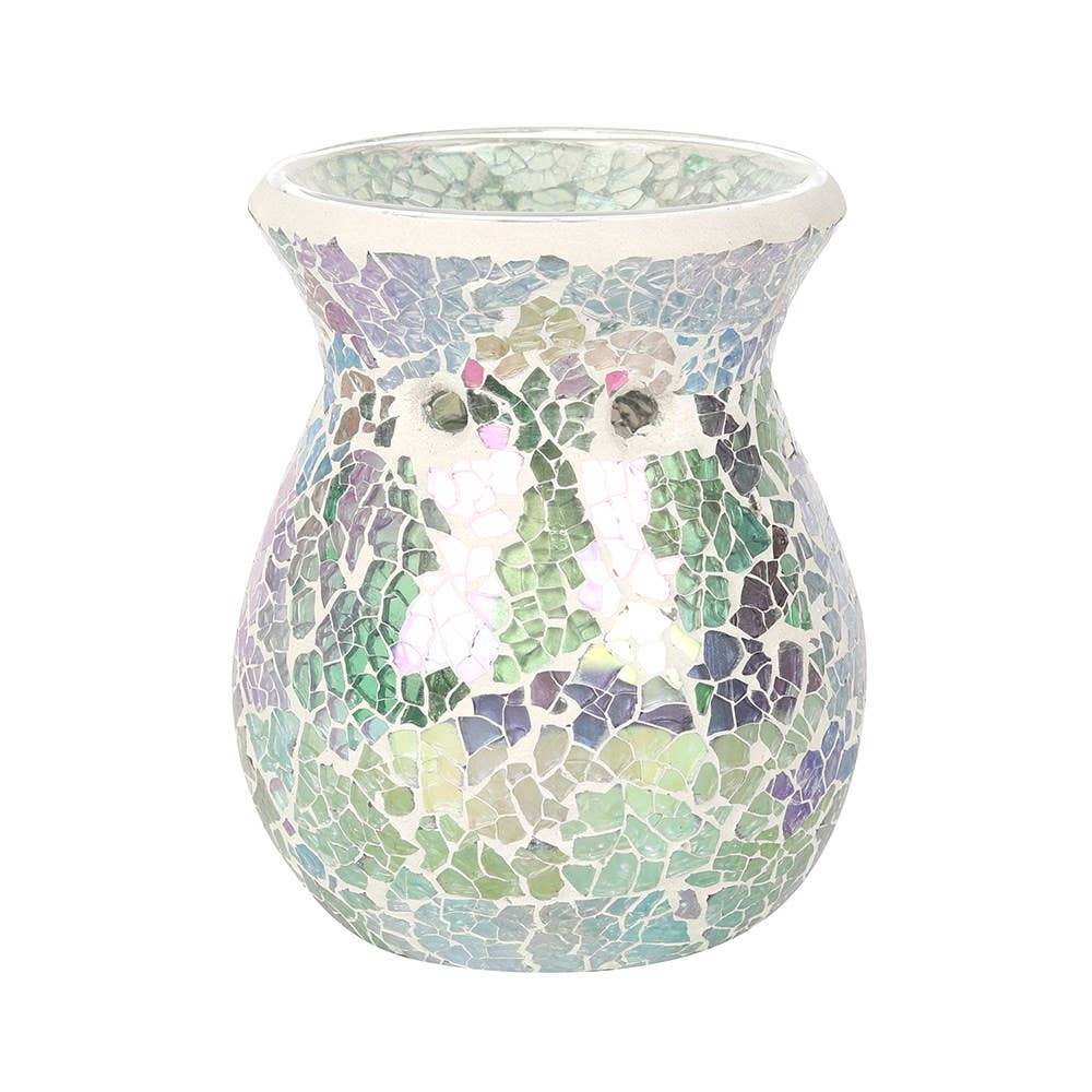 the front view of a small light blue iridescent crackle design oil burner wax warmer