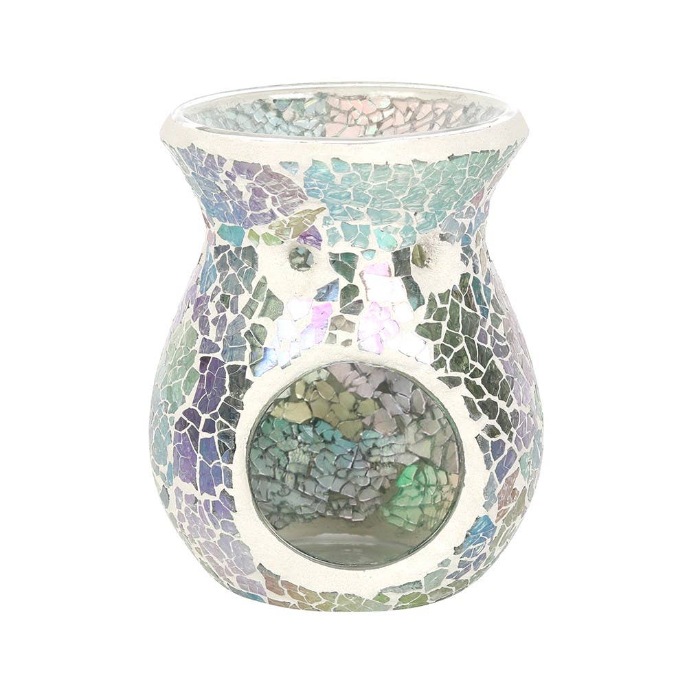 the back view of a small light blue iridescent crackle design oil burner wax warmer