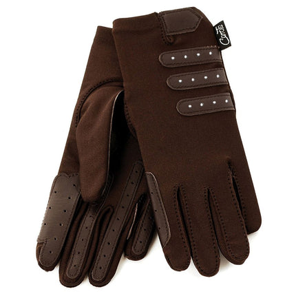 A pair of Equinaliagifts Horse Riding Gloves for children made from stretch fabric with sparkle detail and leather grip, shown overlapping on a white background.