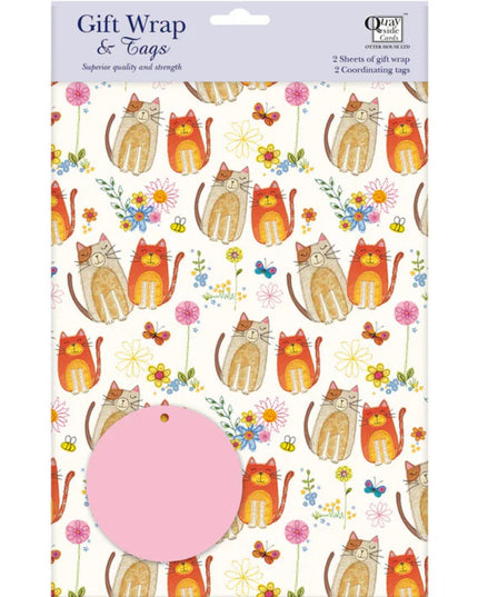 a pack of gift wrap paper with cute brown and orange cats and flower on a white background with a pink circular gift label