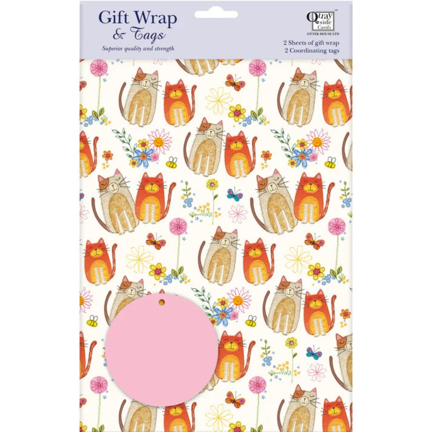 a pack of gift wrap paper with cute brown and orange cats and flower on a white background with a pink circular gift label