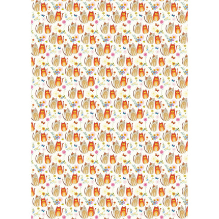 a single sheet of gift wrap paper with cute brown and orange cats and flower on a white background 