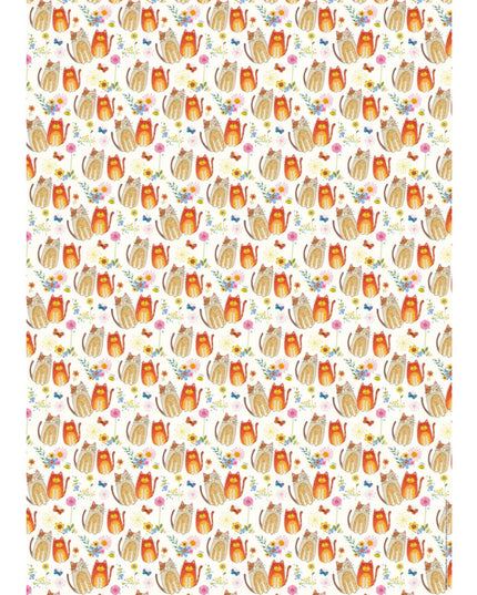 a single sheet of gift wrap paper with cute brown and orange cats and flower on a white background 