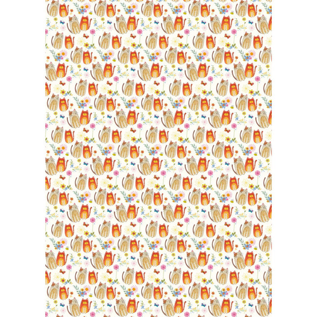 a single sheet of gift wrap paper with cute brown and orange cats and flower on a white background 