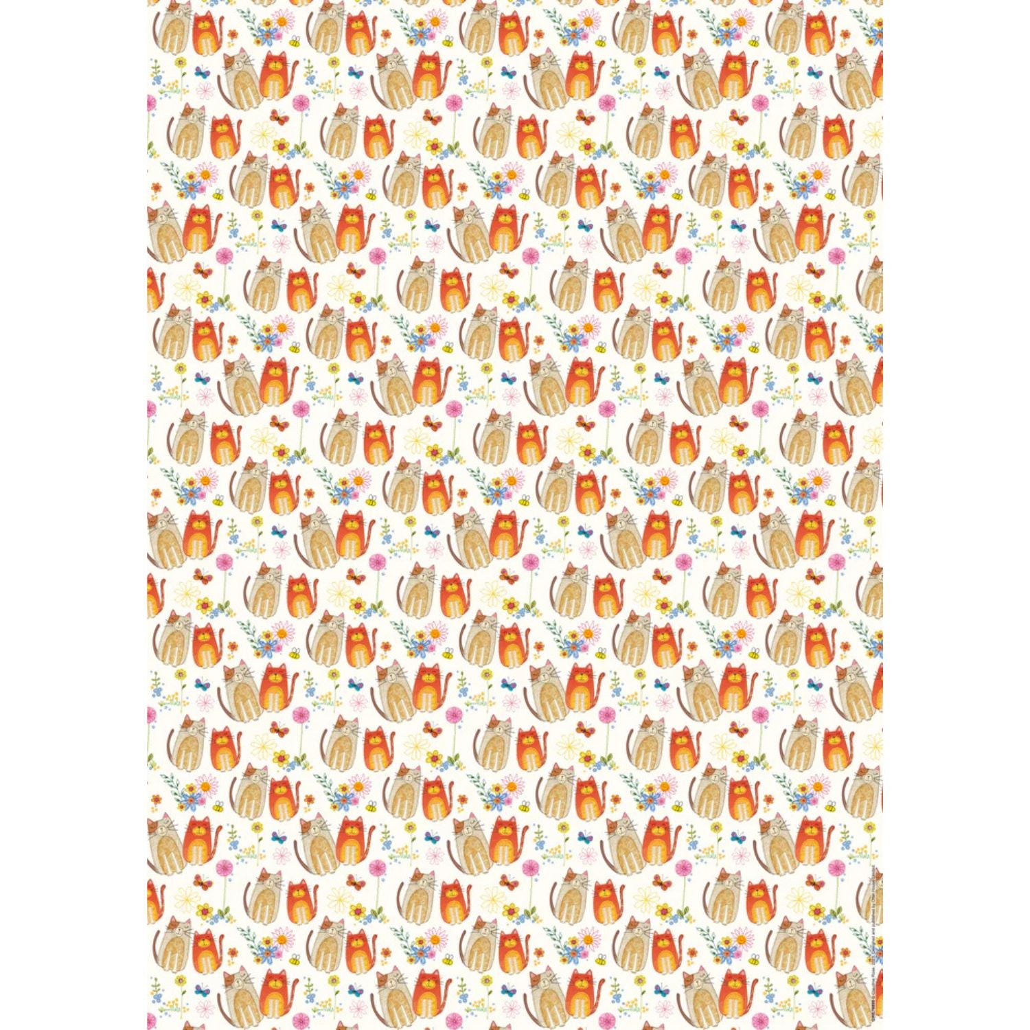 a single sheet of gift wrap paper with cute brown and orange cats and flower on a white background 