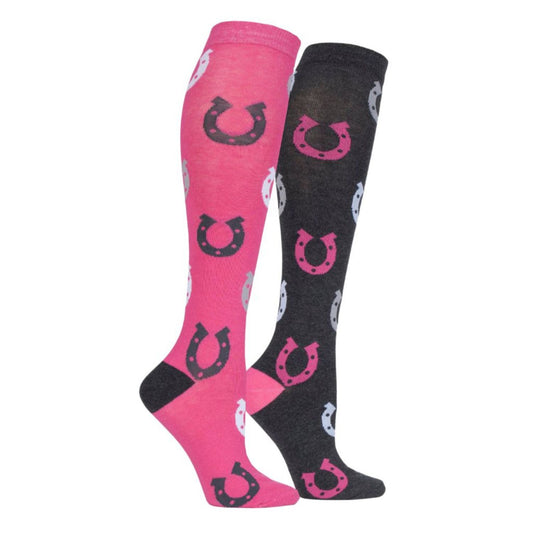 A mid pink long riding sock with grey and white horseshoes and a charcoal long sock with pink and grey horseshoes