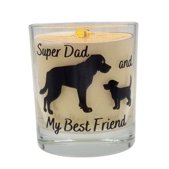 Quaver&Lyric’s Dog Fathers Day Gift Scented Candle (30cl) features “Super Dad” and “My Best Friend” dog silhouettes—an ideal gift for dog lovers or Father’s Day.