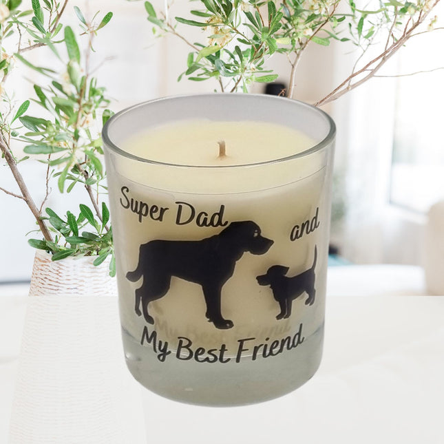 The Quaver&Lyric Dog Fathers Day Gift Scented Candle (30cl) features dog and cat silhouettes with Super Dad and My Best Friend text—an ideal gift for dog lovers on Fathers Day.