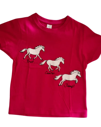 The British Country Collectionâ€™s Childrens Printed Horse T Shirt features three white cartoon horses labeled Trot, Canter, and Jump on the front.