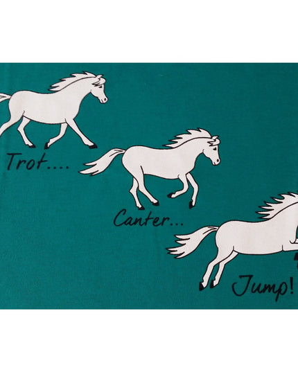 The British Country Collectionâ€™s Printed Horse T Shirt With Trot, Canter, Jump Design for children features three white horses showing different gaits on a teal backgroundâ€”a playful and charming addition to any young horse loverâ€™s wardrobe.