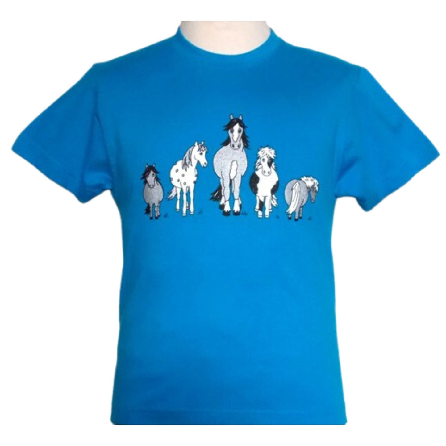 The British Country Collection Printed Horse T Shirt The Herd Design for children aged 1-2 features a bright blue 100% cotton tee with five colorful cartoon horses printed in a row across the chest.